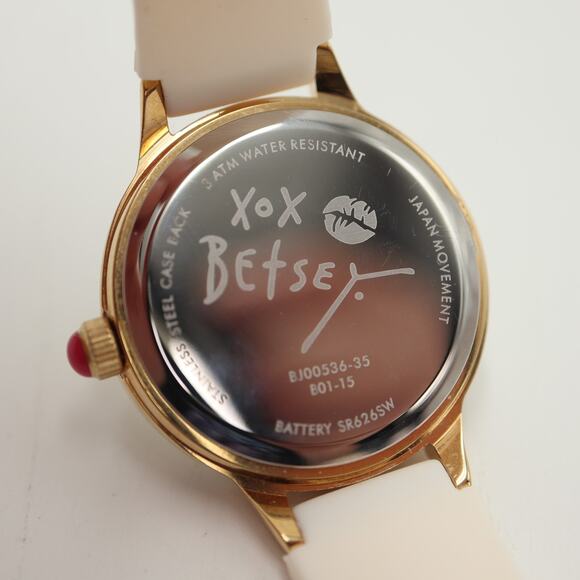 Betsey Johnson Gold Tone 30mm Watch Gem Bezel White Silicone Wrap w New Battery - Picture 9 of 9